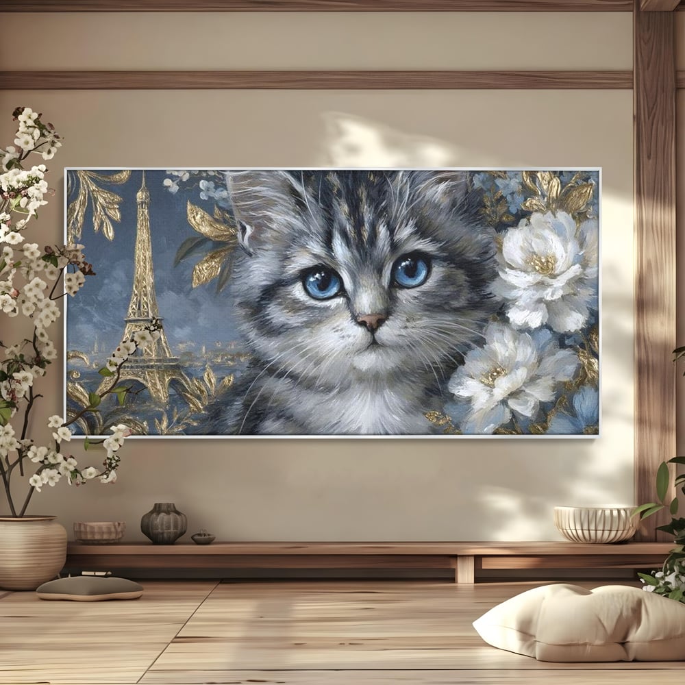 Tablou canvas cu tablou canvas cu pisica si turnul eiffel, in rama de aluminiu argintiu